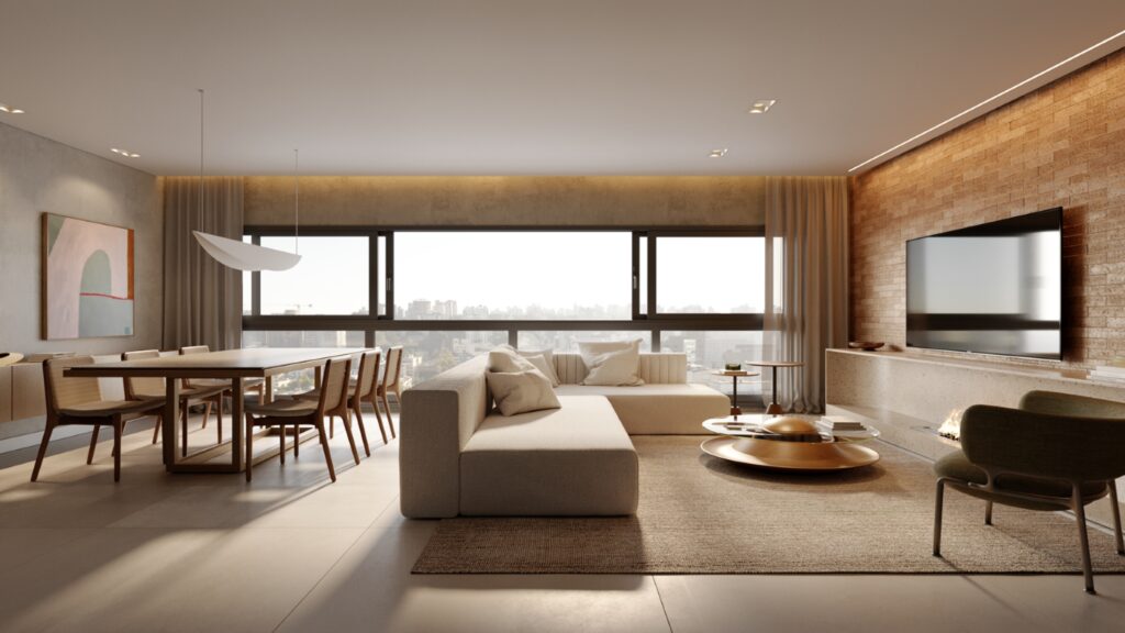 foto de um living de um dos imóveis em lançamentos, contendo sofá, mesa de jantar, poltronas e janelas com vista para o horizonte